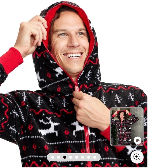 Tipsy Elves | Mens XL | Fair Isle Hooded Onesie Pajamas | Red Black Hooded - Picture 3 of 11